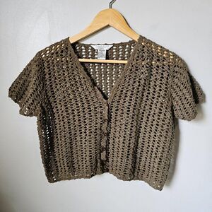 EUC OUTFIT PETITES JPR OLIVE GREEN V NECK BUTTONED CROCHET CROPPED TEE SIZE PL